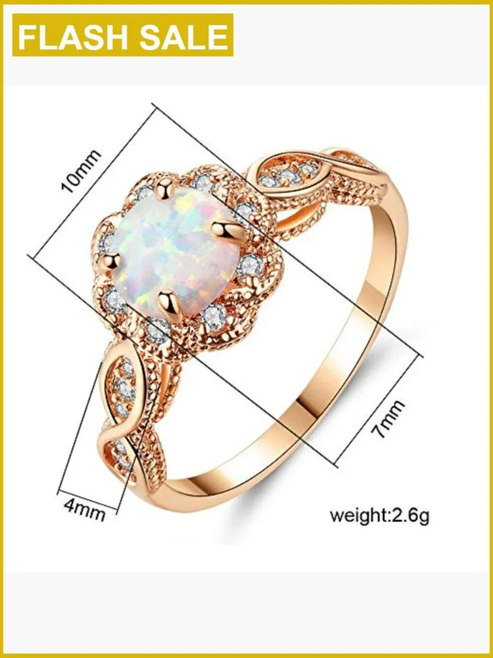 18K Gold Plated Opal Ring Band - White Fire Opal Amethyst Cubic Zirconia Size